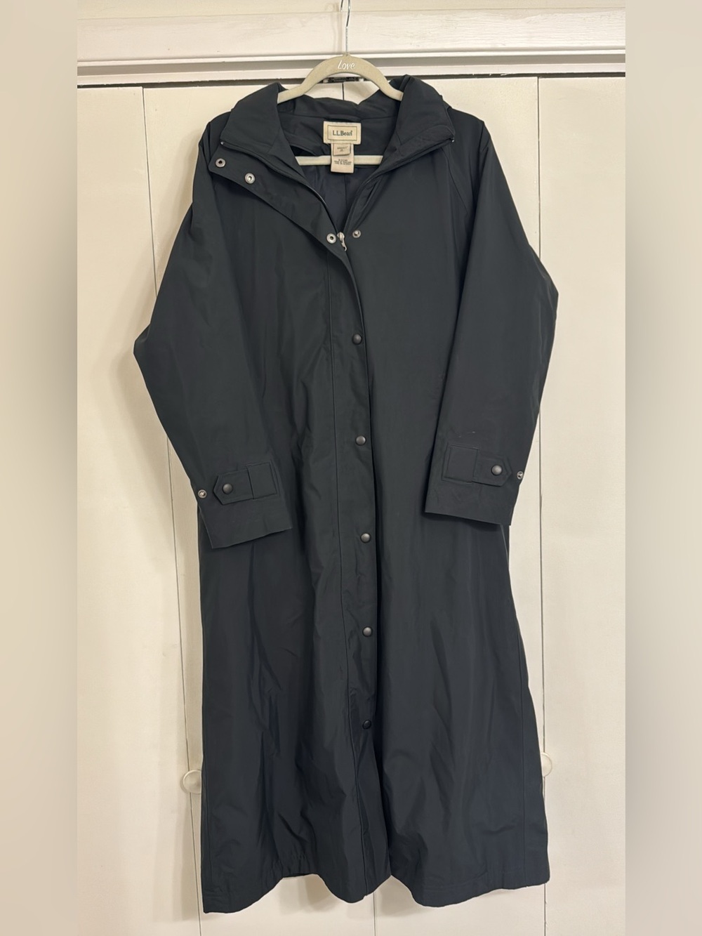 L.L. Bean Women's Full-Length Hooded Rain Coat Black Trench Maxi Duster Jacket M